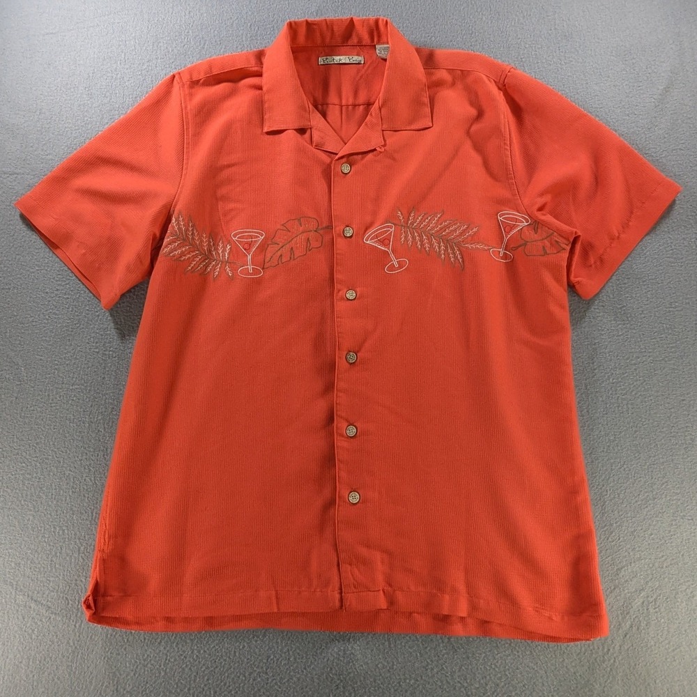 Batik‎ Bay Mens Martini Tropical Leaf Embroidered Camp Shirt Size M Orange